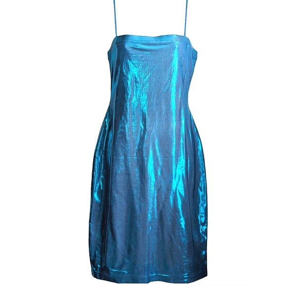 Vintage Y2K Spaghetti strap Blue mini Dress large - Picture 1 of 6
